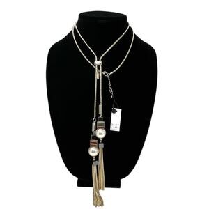 NEW White House Black Market Gold Lariat Tassel Necklace w/ Faux Pearls NWT